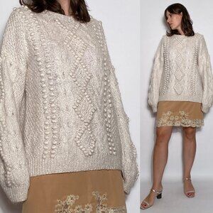Vintage Y2K NUBBY Pom Pom Mohair FISHERMAN Cable Knit Sweater! Large